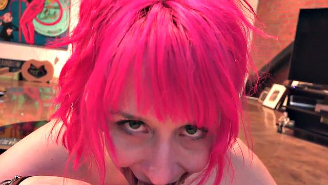 BJ pink-haired babe with piercings and tattoos throats POV cock