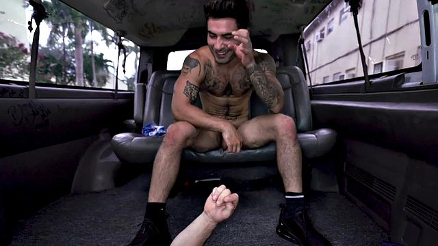 Tattooed stud picked up to fuck ass in van for money