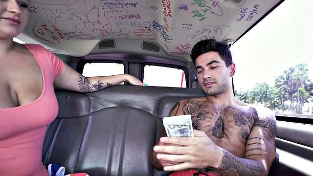 Tattooed stud picked up to fuck ass in van for money