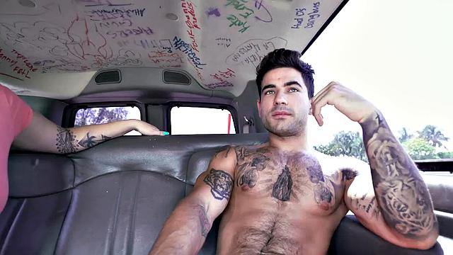 Tattooed stud picked up to fuck ass in van for money