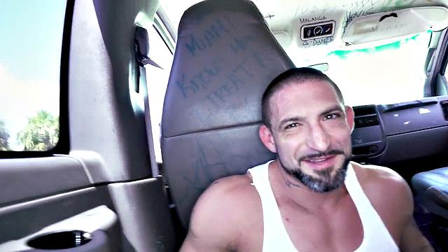 Tattooed stud picked up to fuck ass in van for money