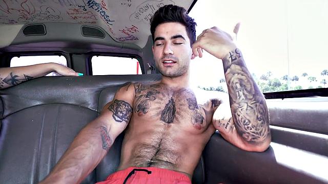 Tattooed stud picked up to fuck ass in van for money
