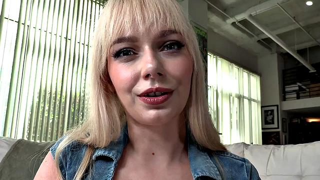 Blonde goddess with sweet juggs enjoys jerking off guy POV