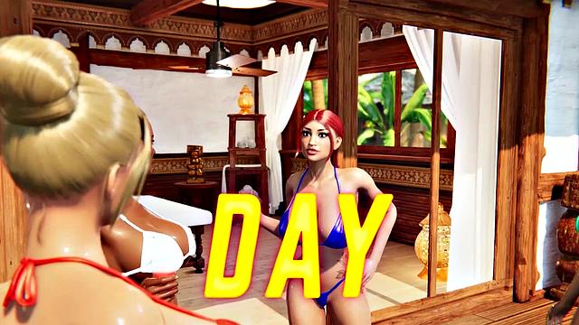 Futanari babes with big tits having foursome sex on a beach in 3D animation