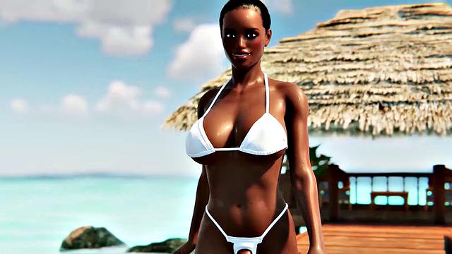 Futanari babes with big tits having foursome sex on a beach in 3D animation