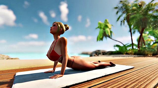 Futanari babes with big tits having foursome sex on a beach in 3D animation
