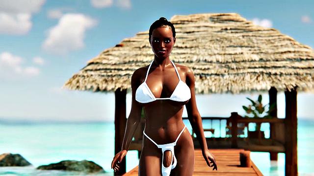 Futanari babes with big tits having foursome sex on a beach in 3D animation