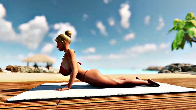 Futanari babes with big tits having foursome sex on a beach in 3D animation