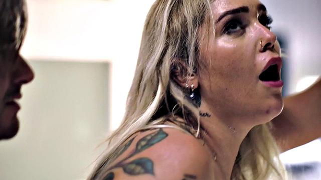 Inked sinner with pierced tits gets pounded by BF