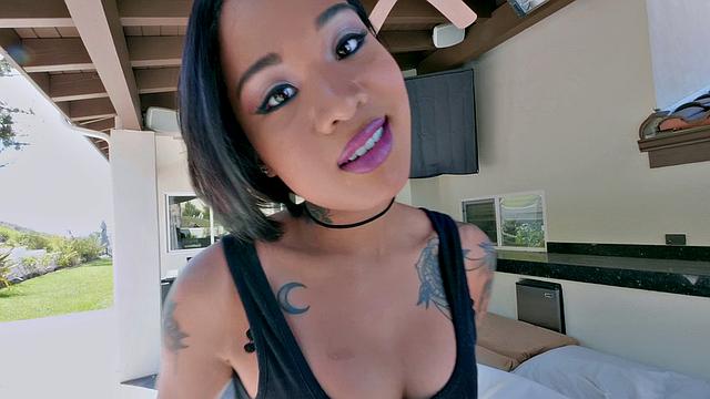 Brunette's small tits get covered in cum after a steamy pussy fingering session in the bedroom