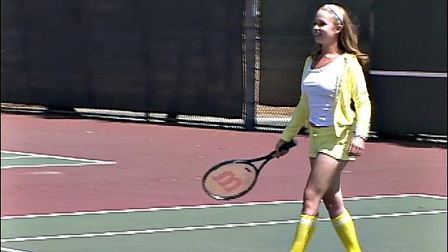 Little April touching herself after tennis play