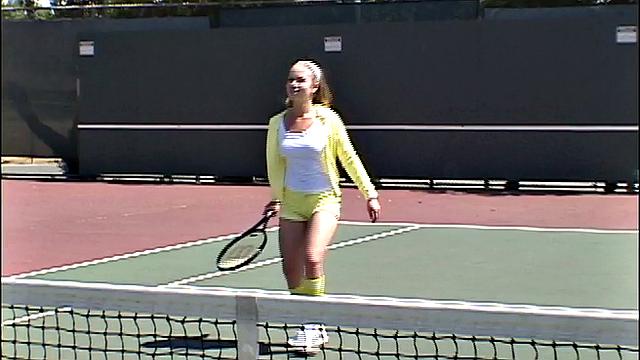 Little April touching herself after tennis play