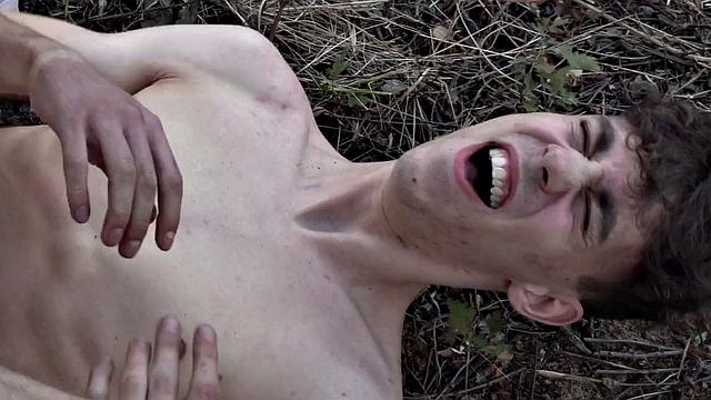 Dominant outdoor jock fucks tied up skinny twink