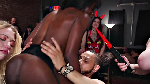 BDSM ebony babe enjoys BBC tormenting session in group