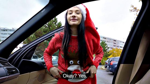 Skinny 21yo Xmas POV slut fucked for cash after casting