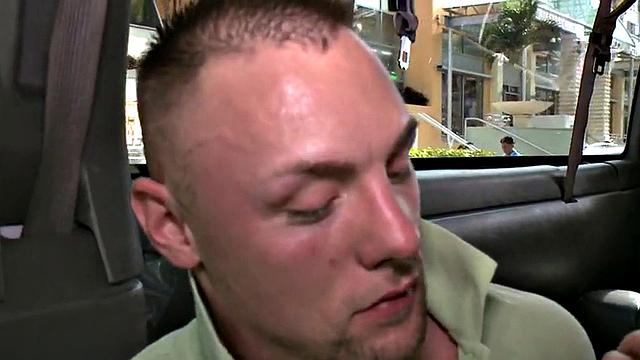 Tricked handsome stud cums on chest in bus