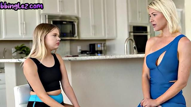 Lesbo MILF pussylicking her cute GF on the sofa