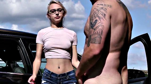 Voyeur GF in car watches BF jerk his cock outdoor till cum