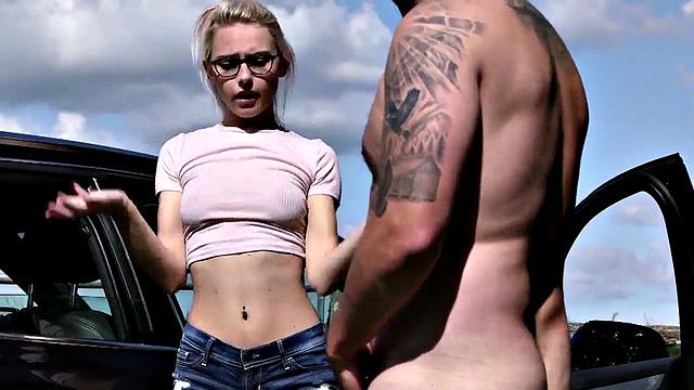 Voyeur GF in car watches BF jerk his cock outdoor till cum