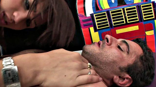 Busty lingerie ts pumps boyfriend's ass with her hard cock