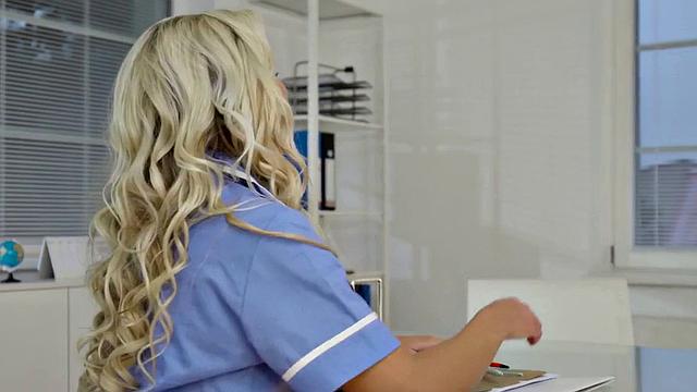 Blonde office babe gives a sloppy BJ before getting pounded in the office