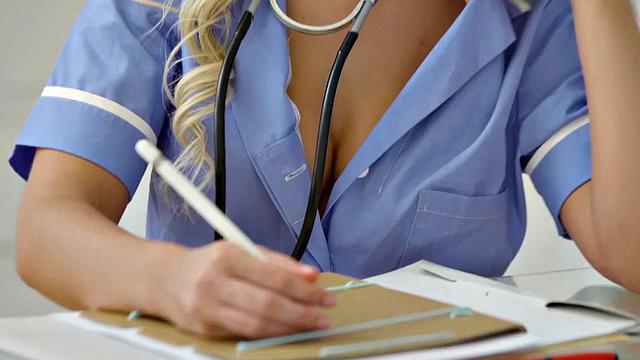 Blonde office babe gives a sloppy BJ before getting pounded in the office