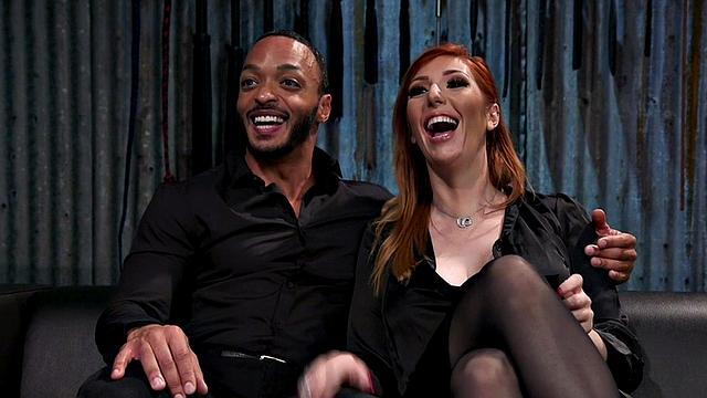 Redhead domina pegs black sub in CFNM strapon lesson