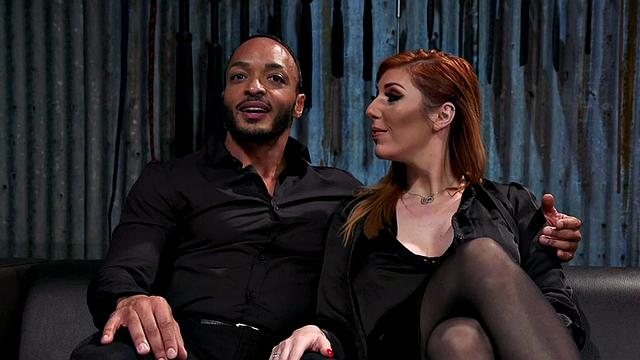 Redhead domina pegs black sub in CFNM strapon lesson