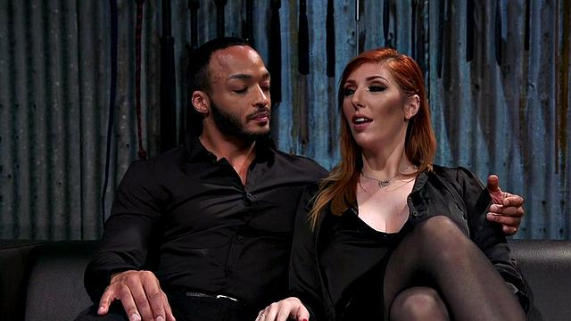 Redhead domina pegs black sub in CFNM strapon lesson