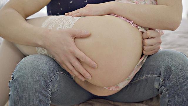 Satisfied guy cums on blonde's tongue