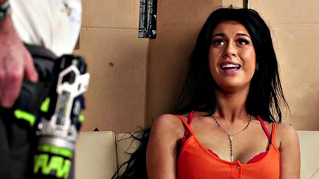 Voyeur busty babe in high heels teases guy who jerks off to her