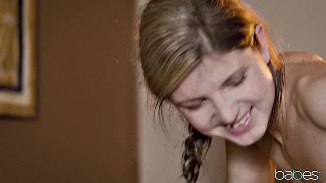 Kinky Russian girl with pigtails gets her bald pussy fingered and reamed in various positions