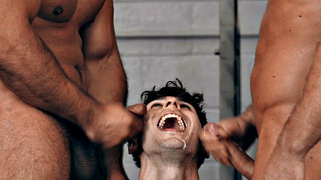 Eager stud 3some fucked by jocks in gym for facial