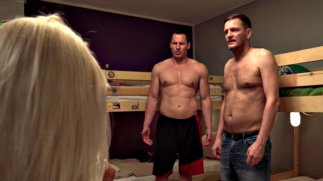 Blonde Euro MILF in oiled up hostel threesome gets spooned and slammed in reverse cowgirl