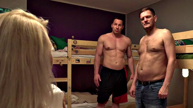 Blonde Euro MILF in oiled up hostel threesome gets spooned and slammed in reverse cowgirl