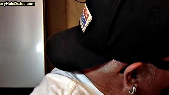 Mature DILF with glasses at gloryhole sucks neighbor's dick