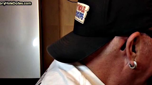 Mature DILF with glasses at gloryhole sucks neighbor's dick