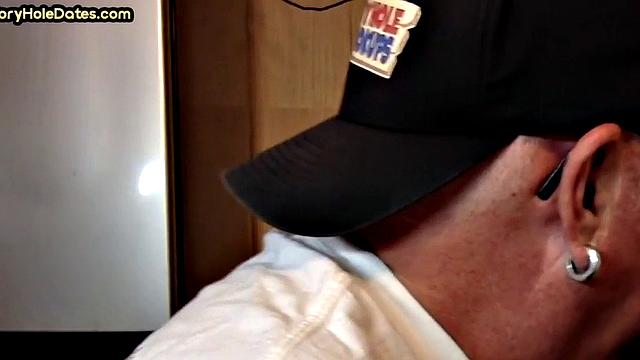 Mature DILF with glasses at gloryhole sucks neighbor's dick