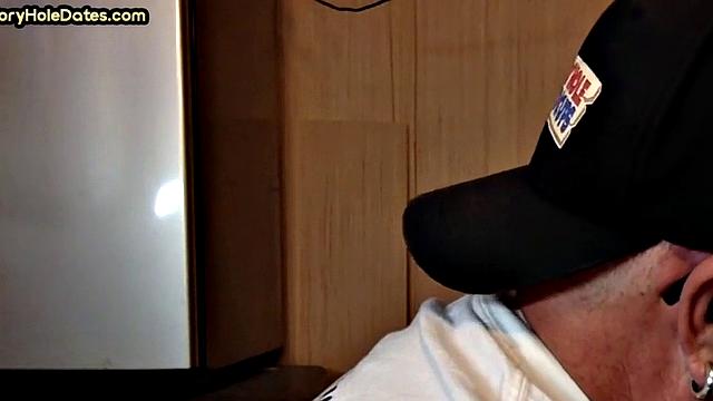 Mature DILF with glasses at gloryhole sucks neighbor's dick