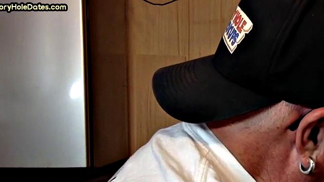 Mature DILF with glasses at gloryhole sucks neighbor's dick