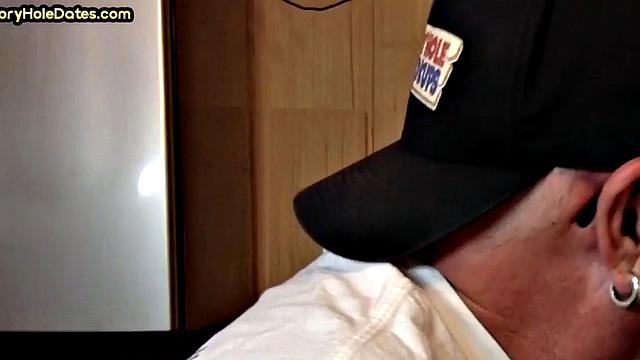 Mature DILF with glasses at gloryhole sucks neighbor's dick