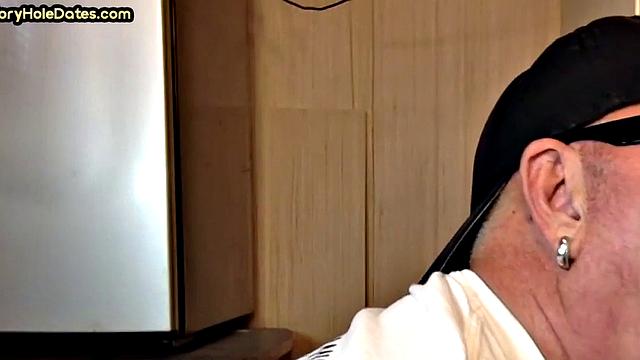 Mature DILF with glasses at gloryhole sucks neighbor's dick