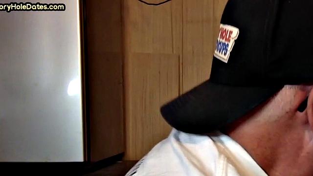 Mature DILF with glasses at gloryhole sucks neighbor's dick