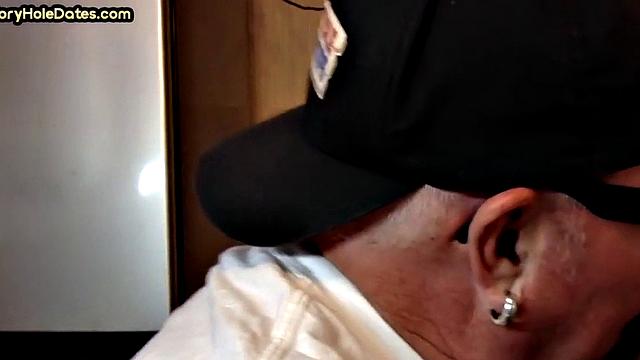 Mature DILF with glasses at gloryhole sucks neighbor's dick