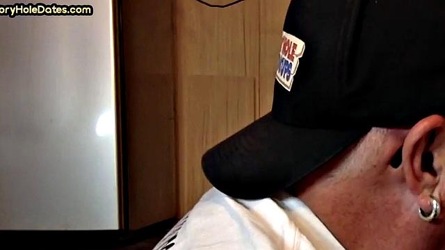 Mature DILF with glasses at gloryhole sucks neighbor's dick