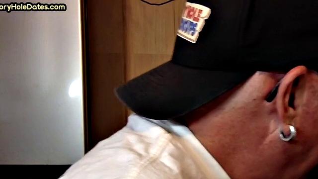 Mature DILF with glasses at gloryhole sucks neighbor's dick