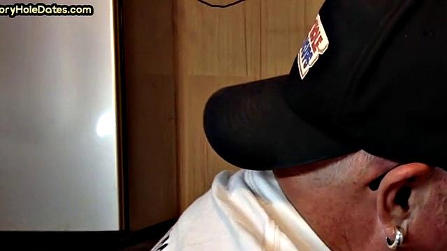 Mature DILF with glasses at gloryhole sucks neighbor's dick