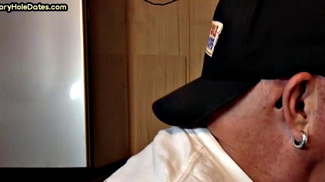 Mature DILF with glasses at gloryhole sucks neighbor's dick