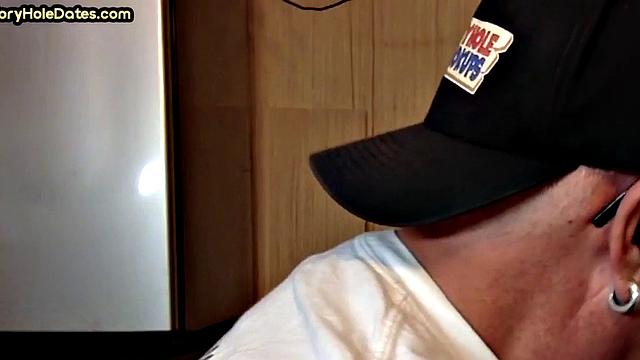 Mature DILF with glasses at gloryhole sucks neighbor's dick