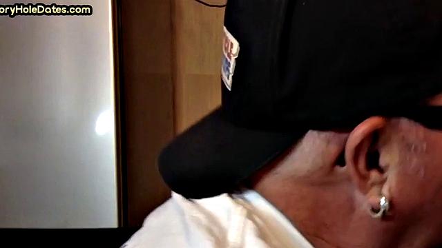 Mature DILF with glasses at gloryhole sucks neighbor's dick